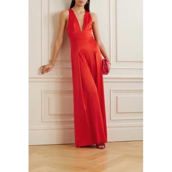 Alice & Olivia NWT Myrtle Pleated Wide-Leg Satin Jumpsuit Tomato Red - Picture 2 of 8